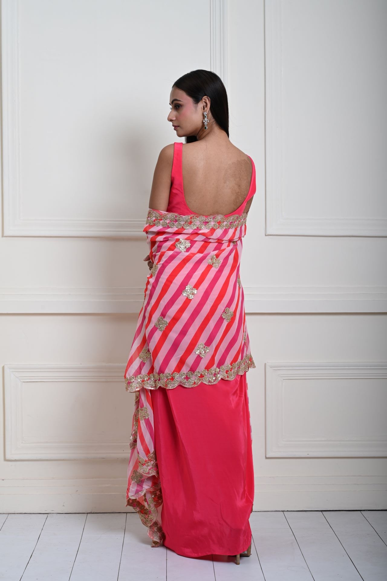 Stylish Rani Pink Drape Skirt and Cape Set with Intricate Zari Detailing | Party Wear