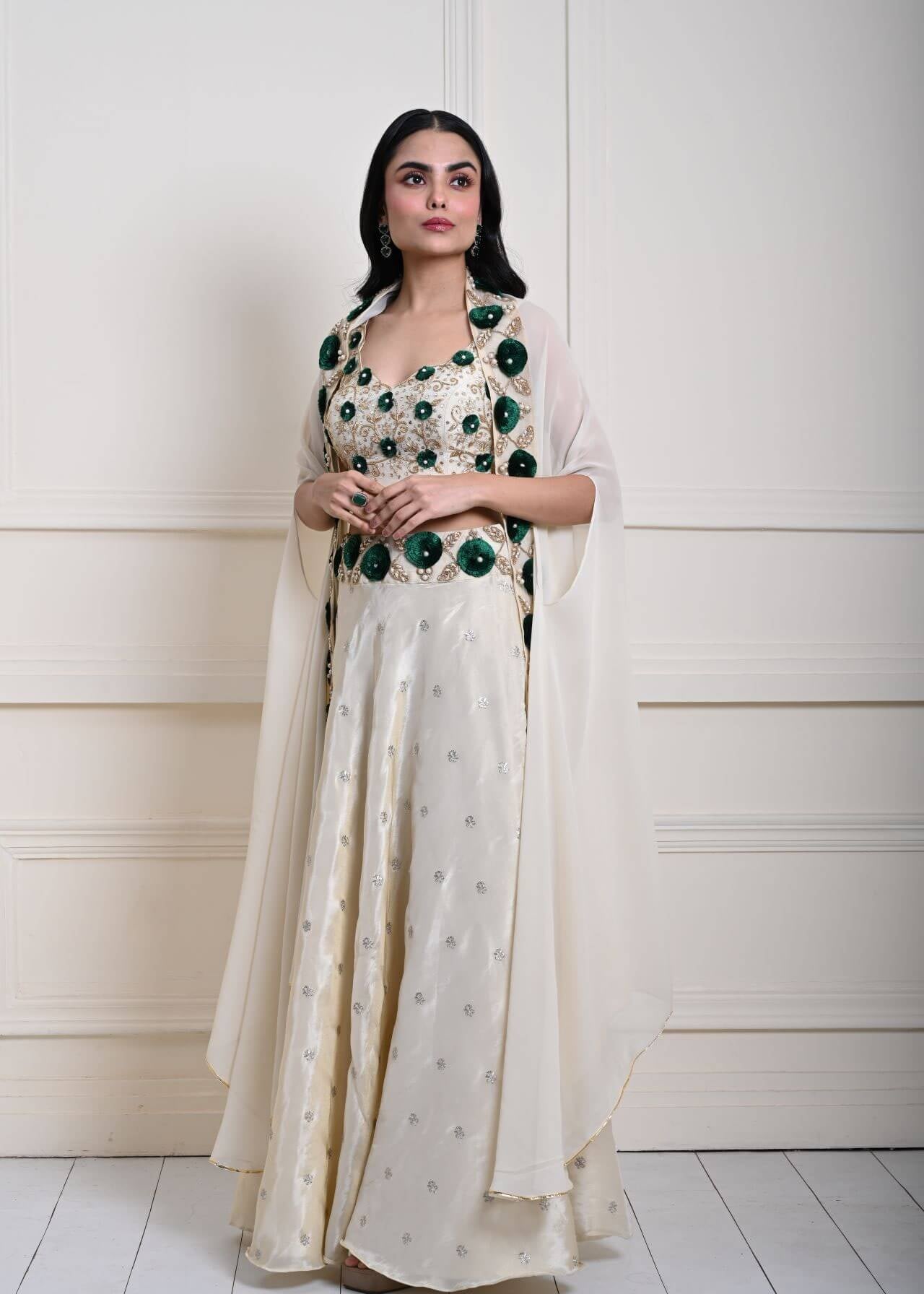 Elegant Ivory Cape Lehenga | Hand-Embroidered Tissue Silk