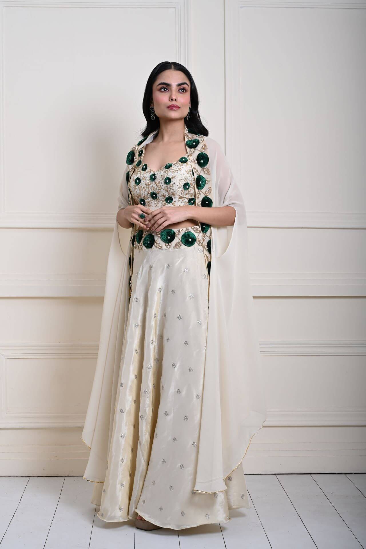 Elegant Ivory Cape Lehenga | Hand-Embroidered Tissue Silk