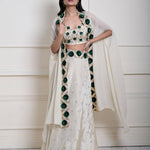 Gracious Ivory Cape Lehenga | Hand-Embroidered Tissue Silk| Indian Fashion