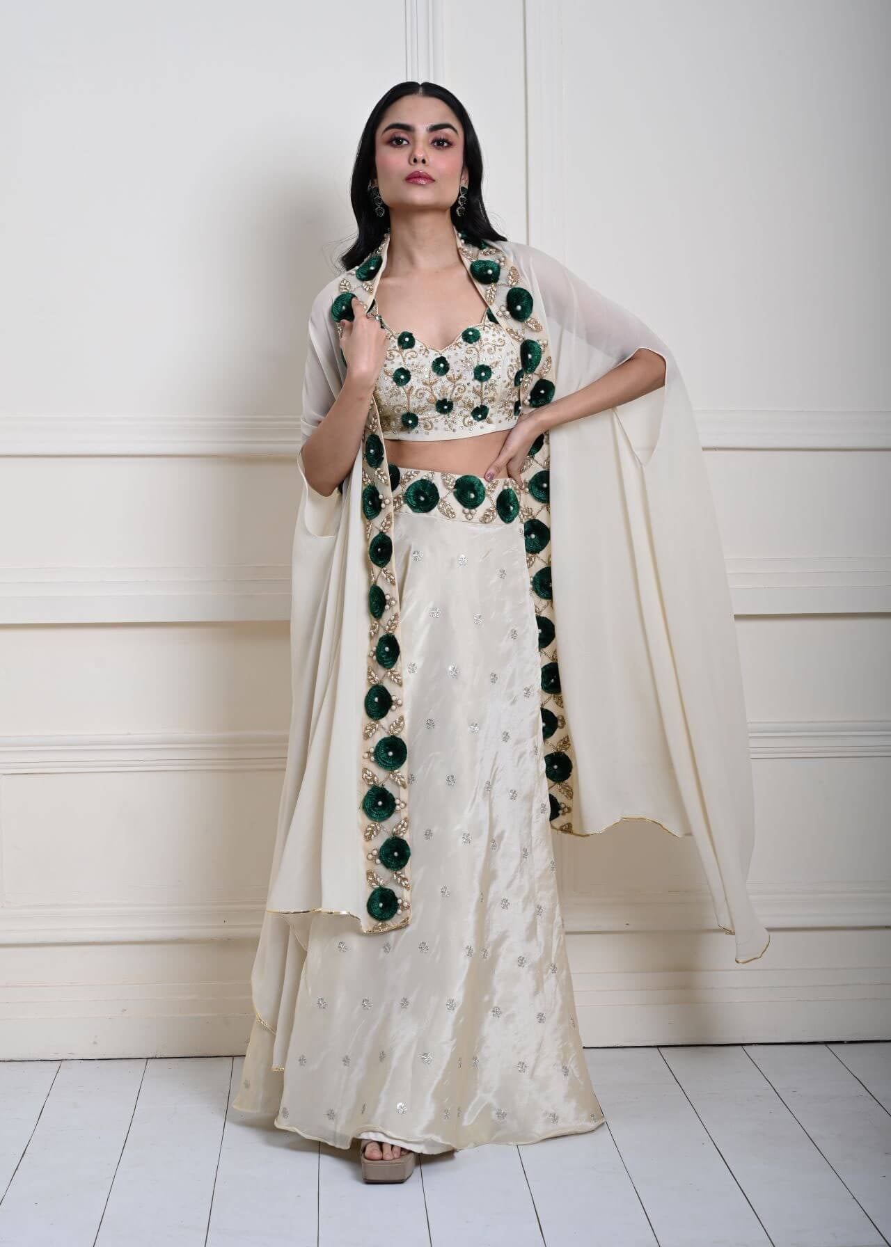 Gracious Ivory Cape Lehenga | Hand-Embroidered Tissue Silk| Indian Fashion