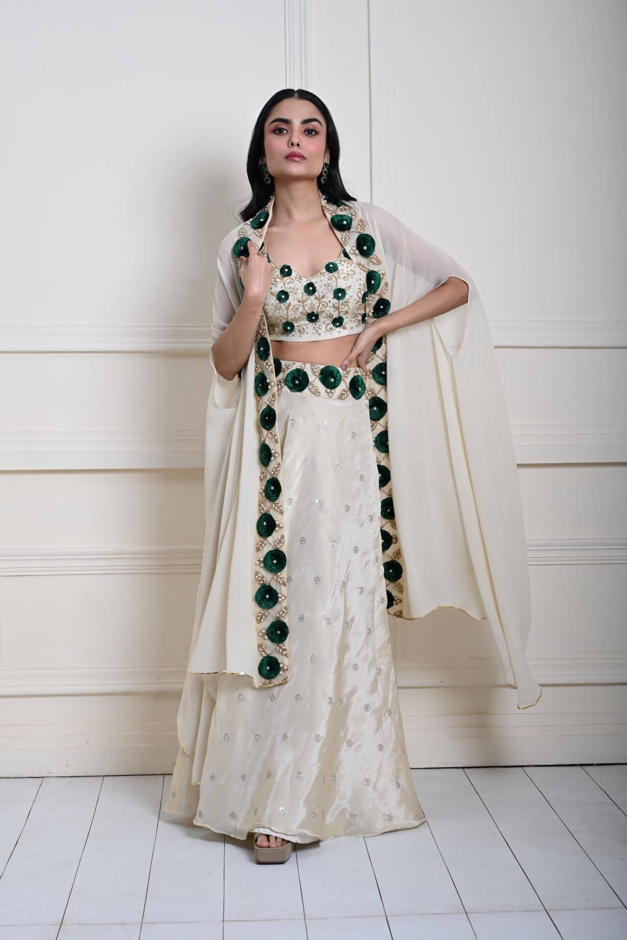 Gracious Ivory Cape Lehenga | Hand-Embroidered Tissue Silk| Indian Fashion