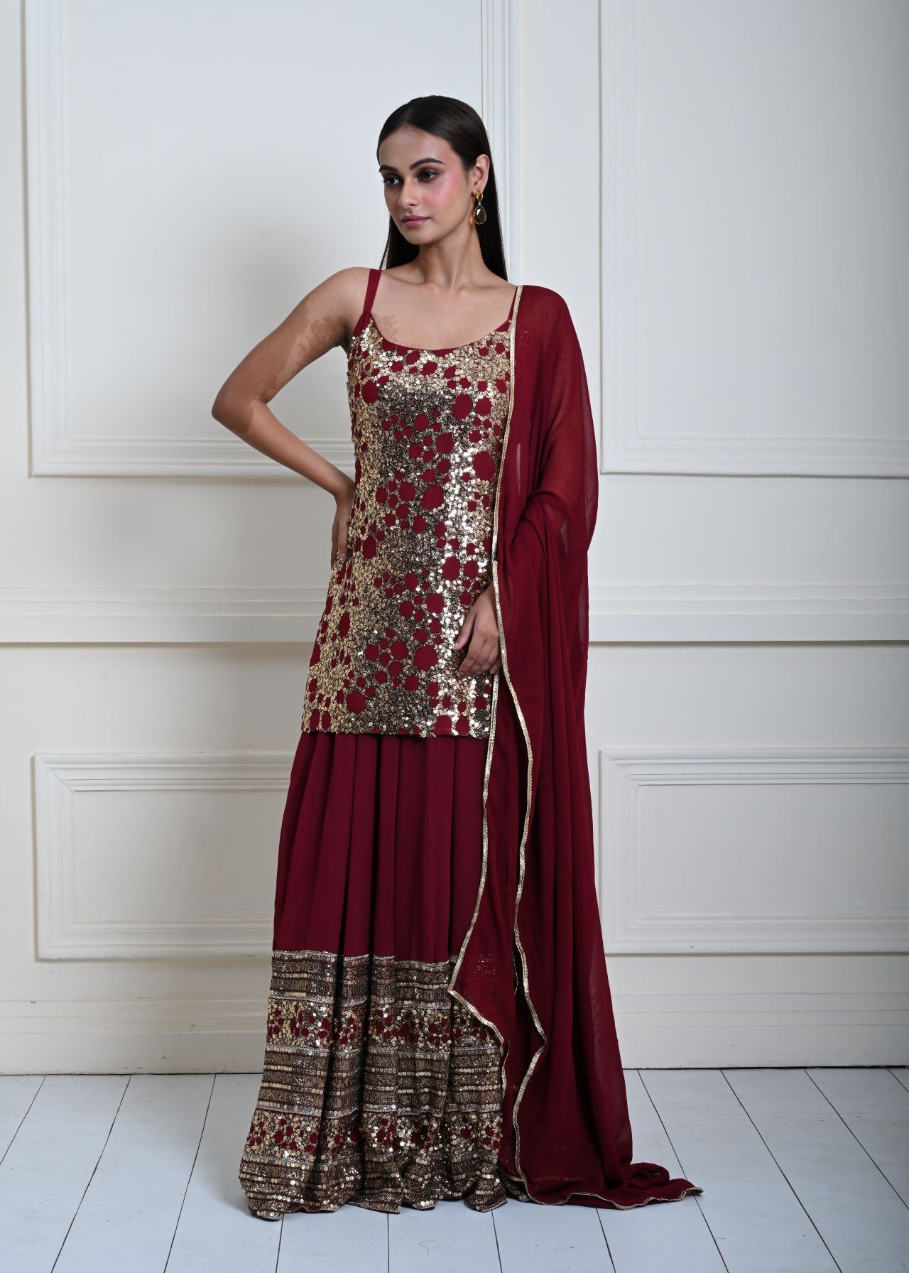 Deep Maroon Sequin Lehenga Set, Indian Bridal Wear