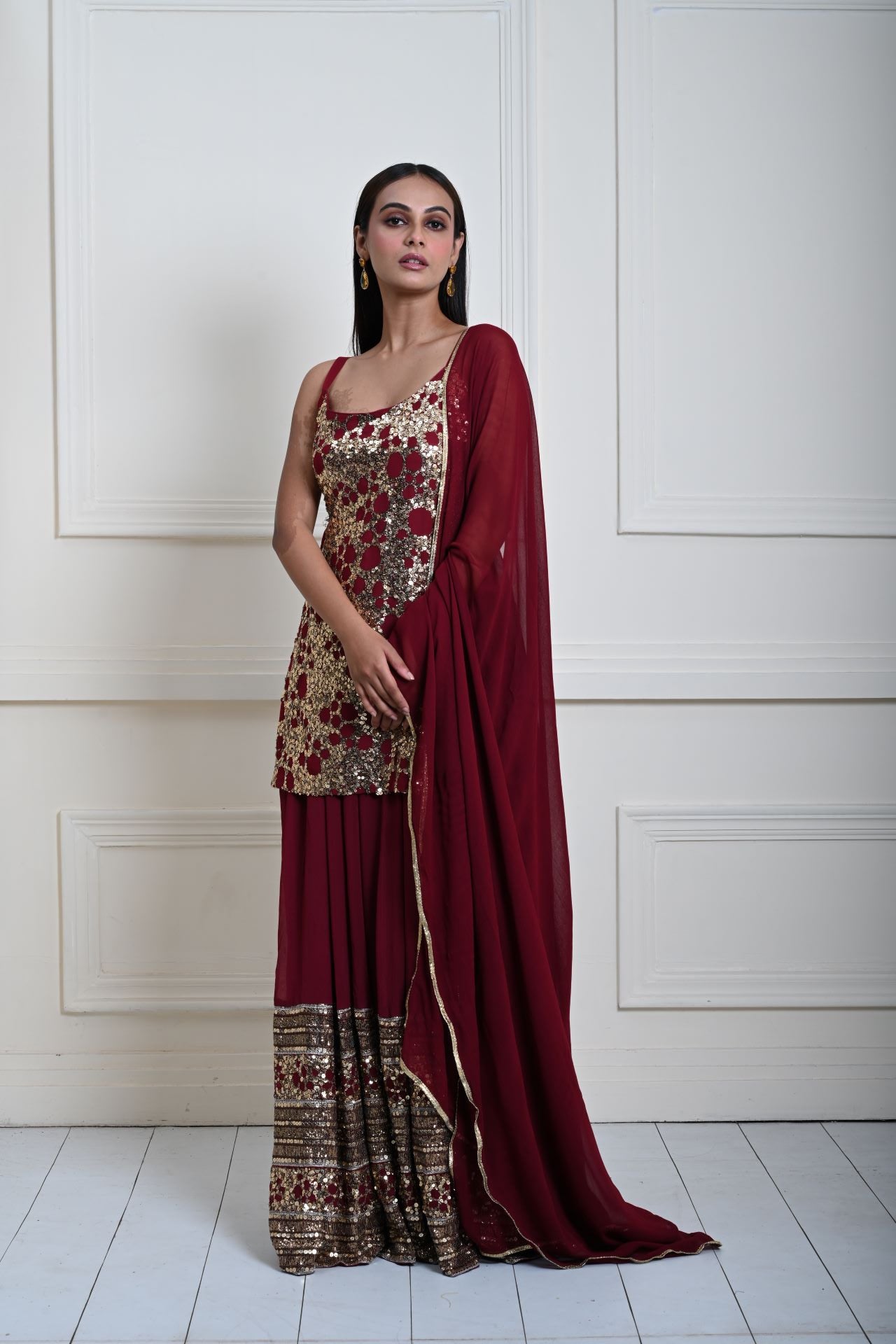 Deep Maroon Sequin Work Lehenga Set with Long Top 