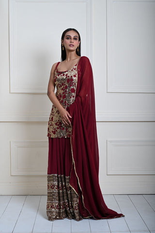 Deep Maroon Sequin Work Lehenga Set with Long Top