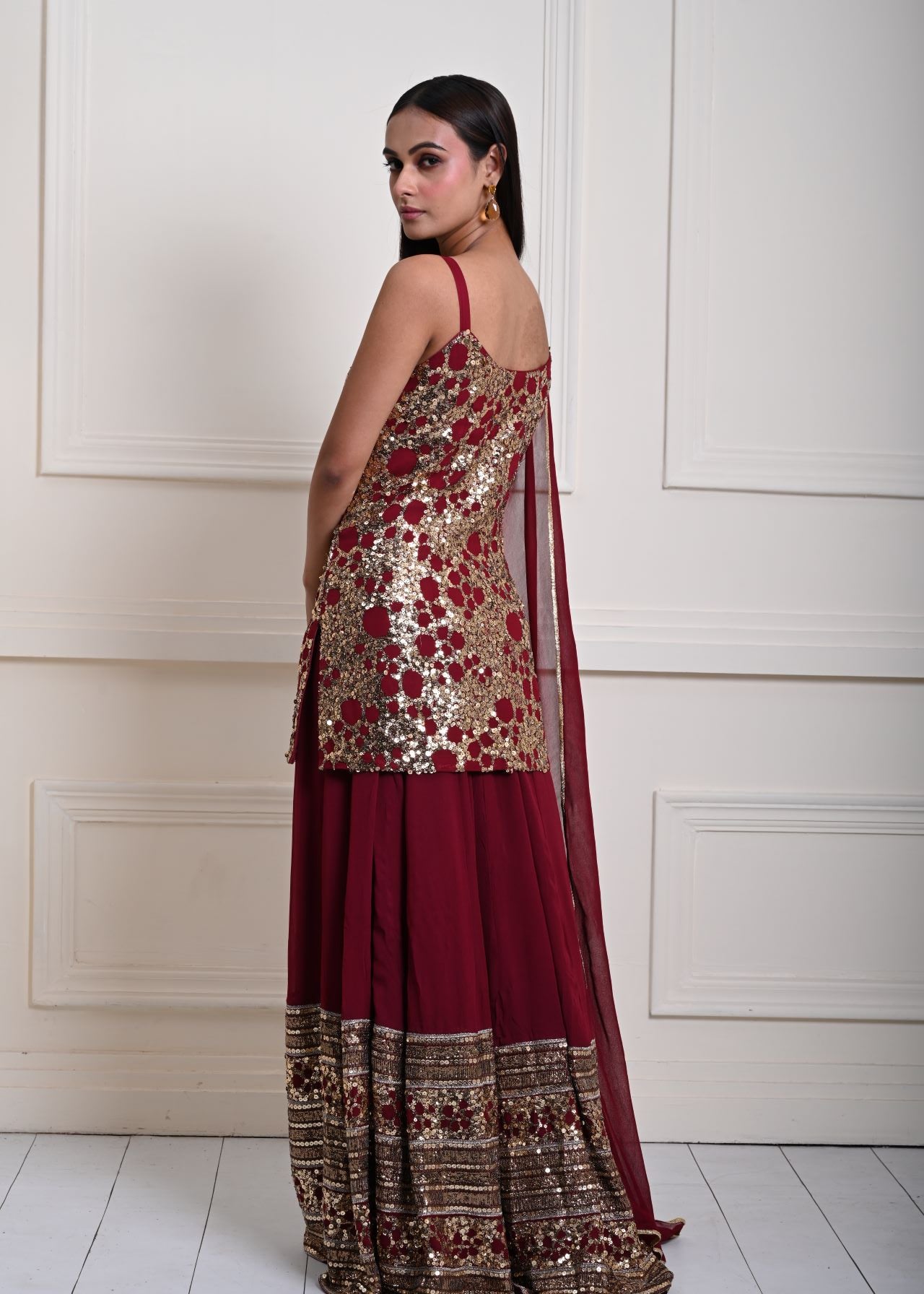 Stunning Deep Maroon Sequin Work Lehenga Set with Long Top| Traditional Indian Fashion 
