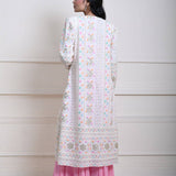 White Long Chikankari Embroidered Jacket with Pink Sharara Set