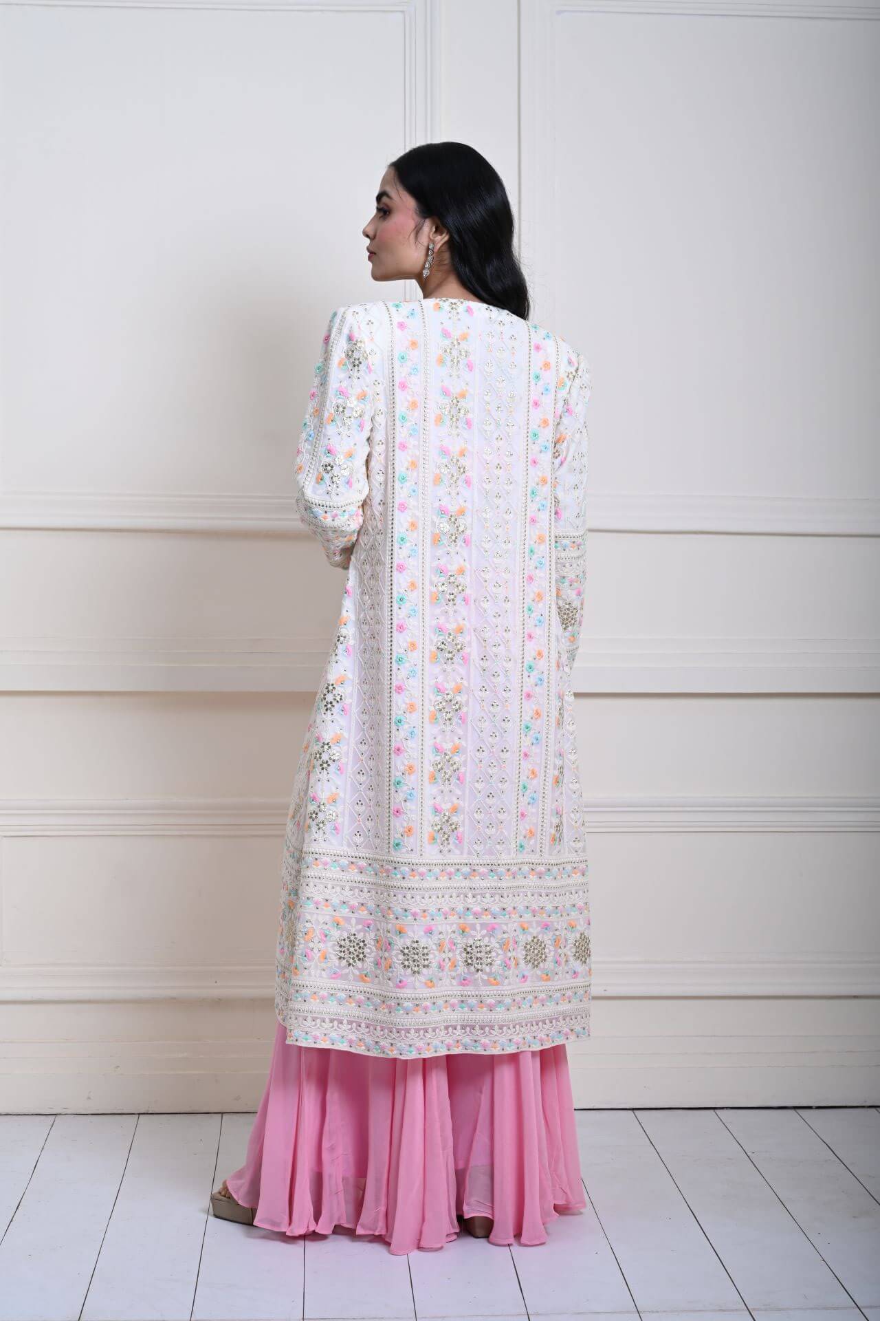 White Long Chikankari Embroidered Jacket with Pink Sharara Set