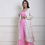 White Long Chikankari Embroidered Jacket with Pink Sharara Set