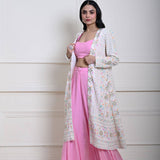 White Long Chikankari Embroidered Jacket with Pink Sharara Set