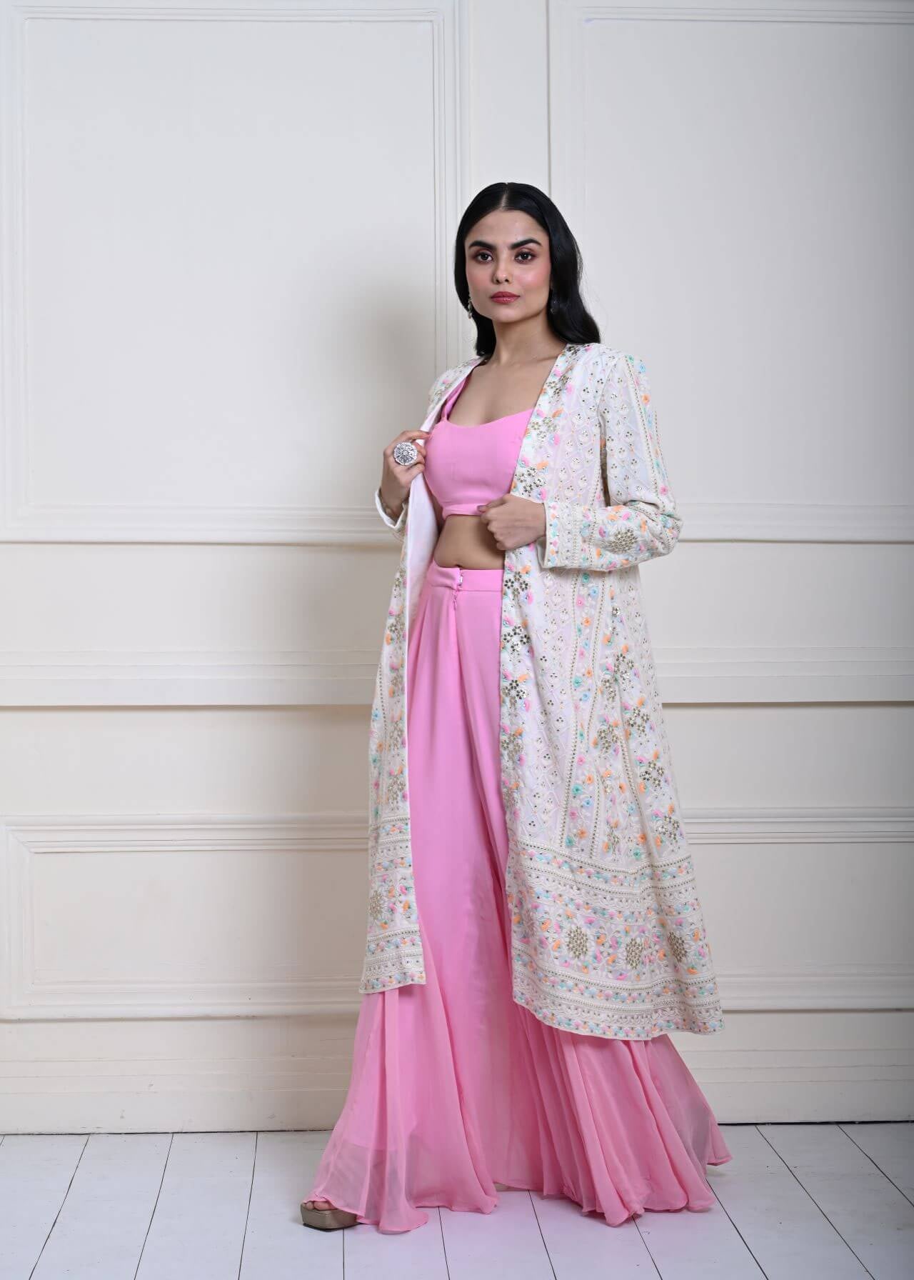 White Long Chikankari Embroidered Jacket with Pink Sharara Set