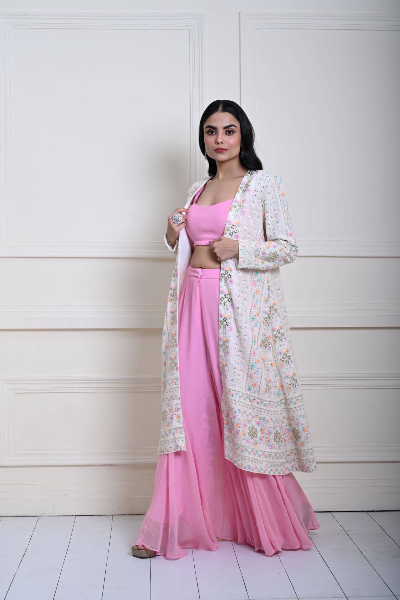 White Long Chikankari Embroidered Jacket with Pink Sharara Set