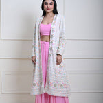 White Long Chikankari Embroidered Jacket with Pink Sharara Set