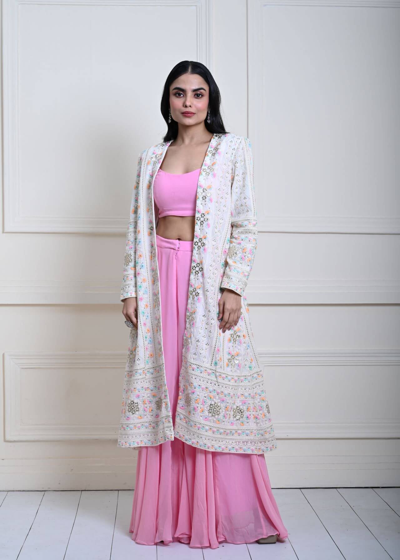 White Long Chikankari Embroidered Jacket with Pink Sharara Set