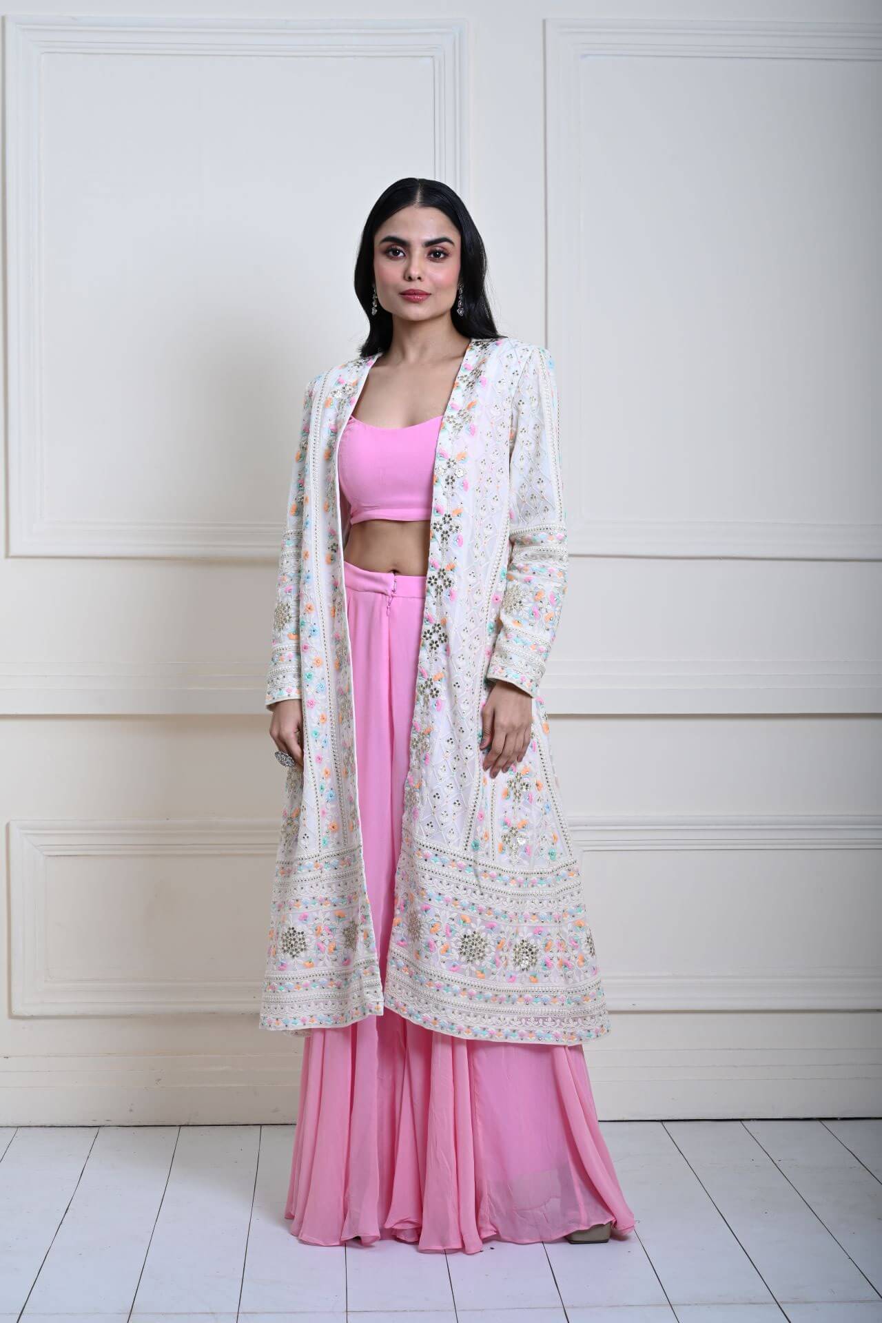 White Long Chikankari Embroidered Jacket with Pink Sharara Set