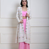 White Long Chikankari Embroidered Jacket with Pink Sharara Set