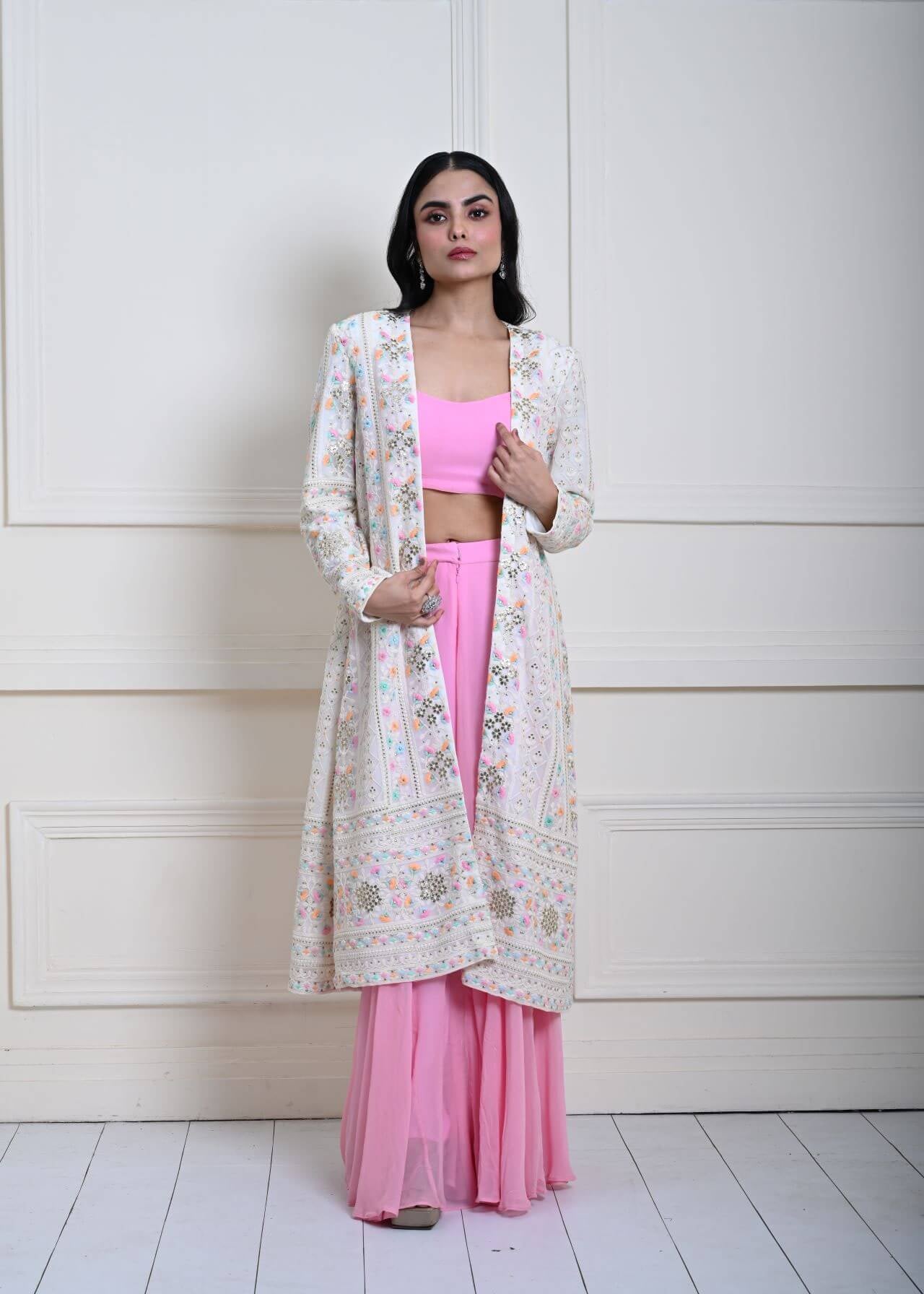 White Long Chikankari Embroidered Jacket with Pink Sharara Set