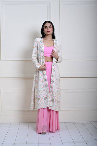 White Long Chikankari Embroidered Jacket with Pink Sharara Set