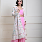 White Long Chikankari Embroidered Jacket with Pink Sharara Set