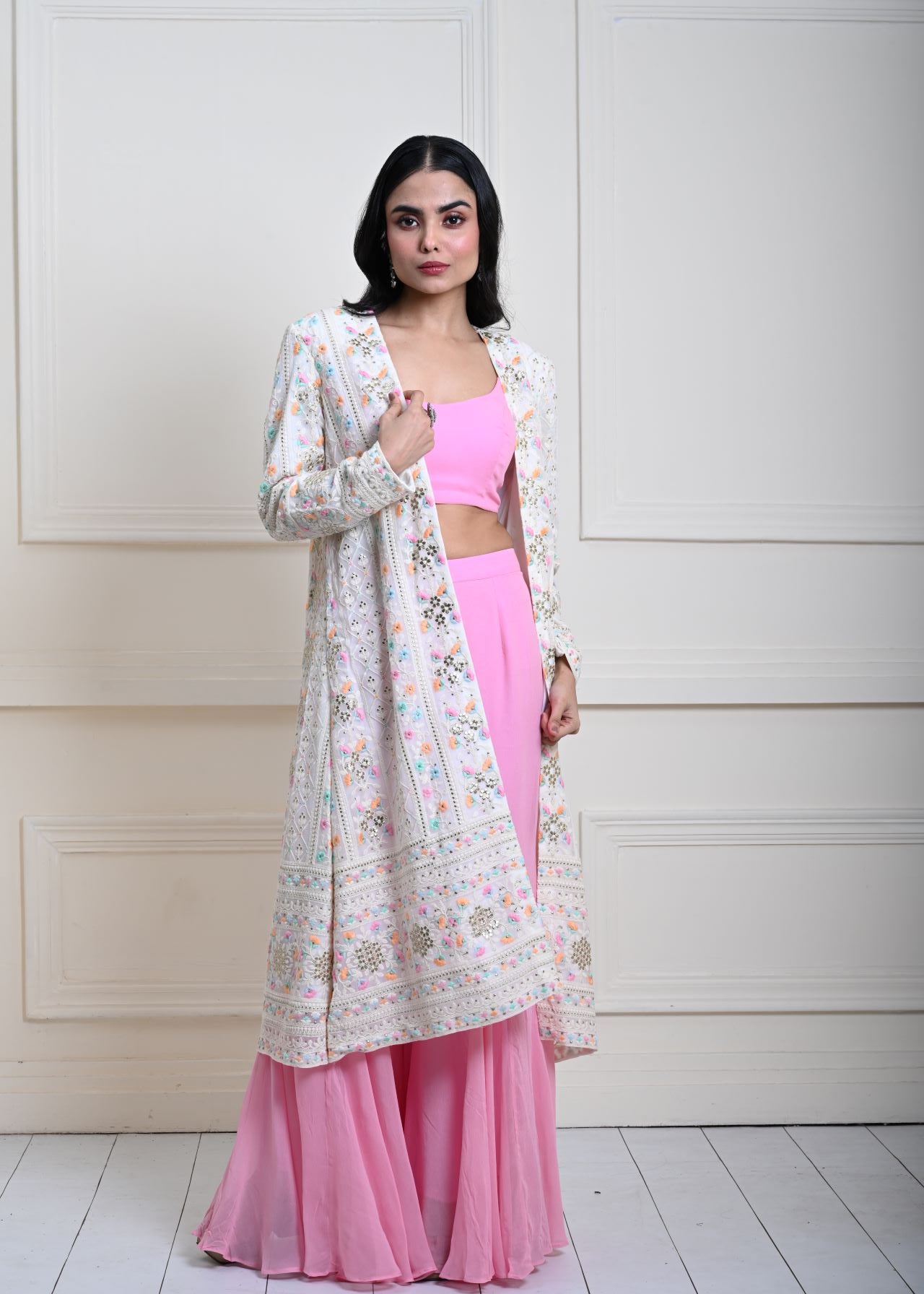 White Long Chikankari Embroidered Jacket with Pink Sharara Set