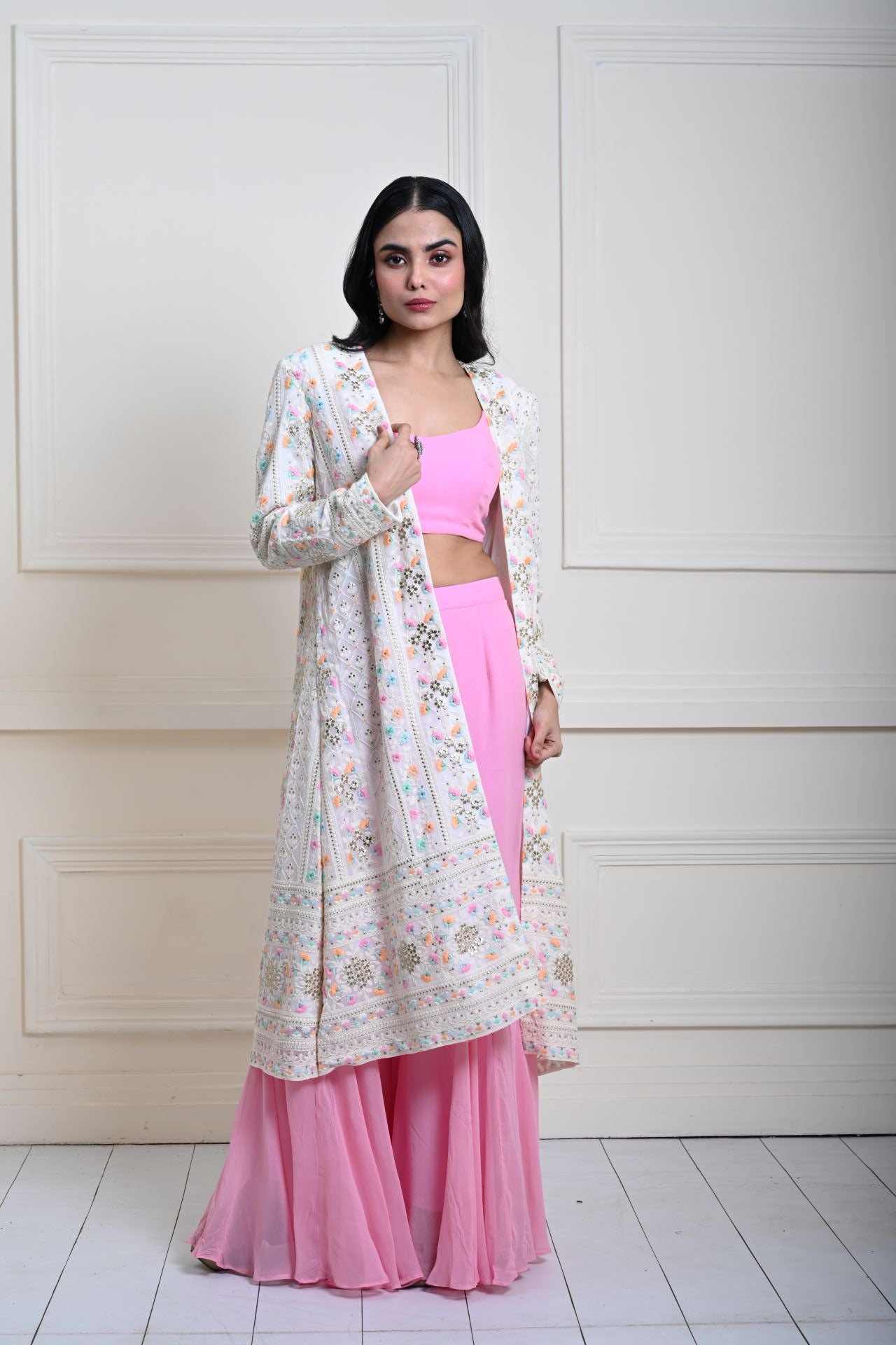 White Long Chikankari Embroidered Jacket with Pink Sharara Set