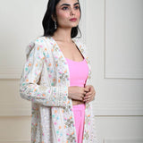 White Long Chikankari Embroidered Jacket with Pink Sharara Set