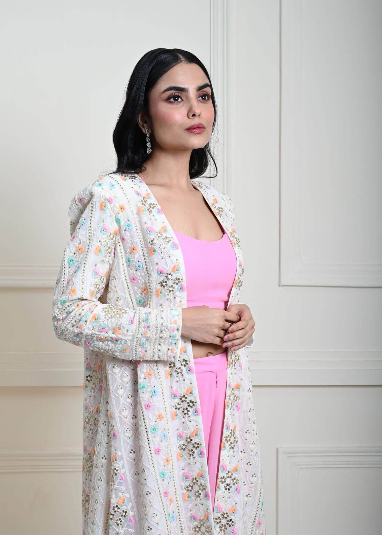 White Long Chikankari Embroidered Jacket with Pink Sharara Set