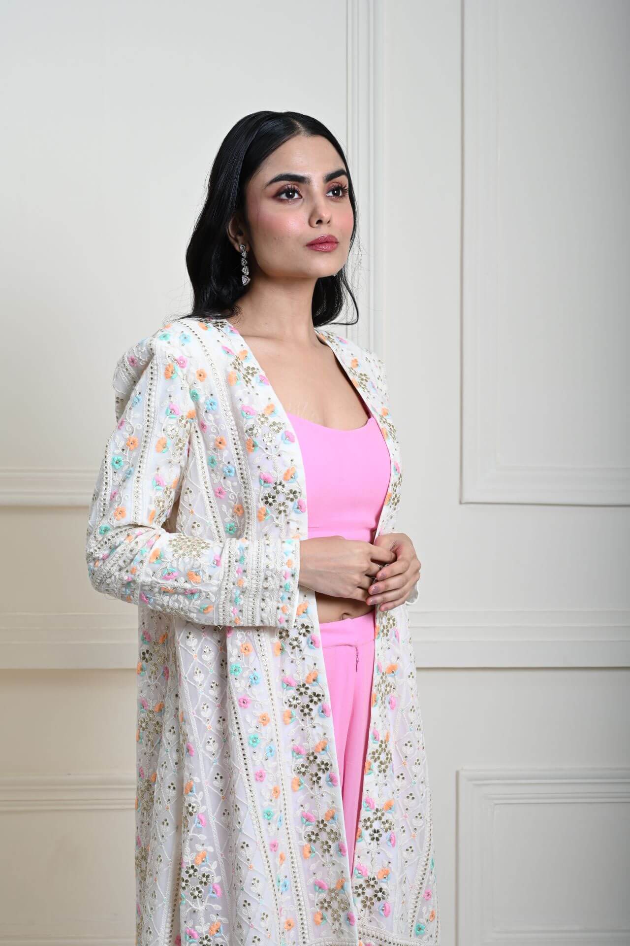 White Long Chikankari Embroidered Jacket with Pink Sharara Set