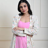 White Long Chikankari Embroidered Jacket with Pink Sharara Set