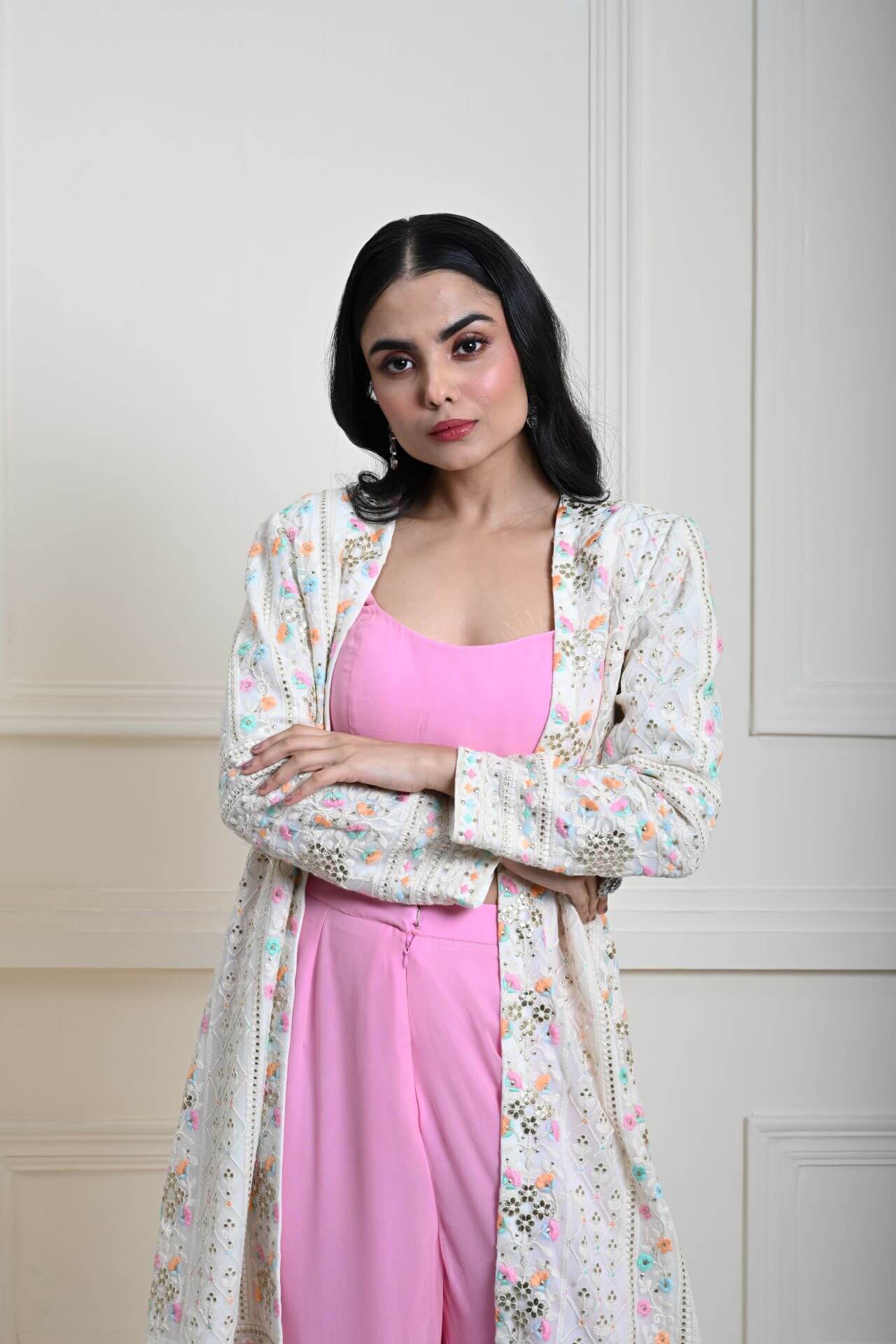 White Long Chikankari Embroidered Jacket with Pink Sharara Set