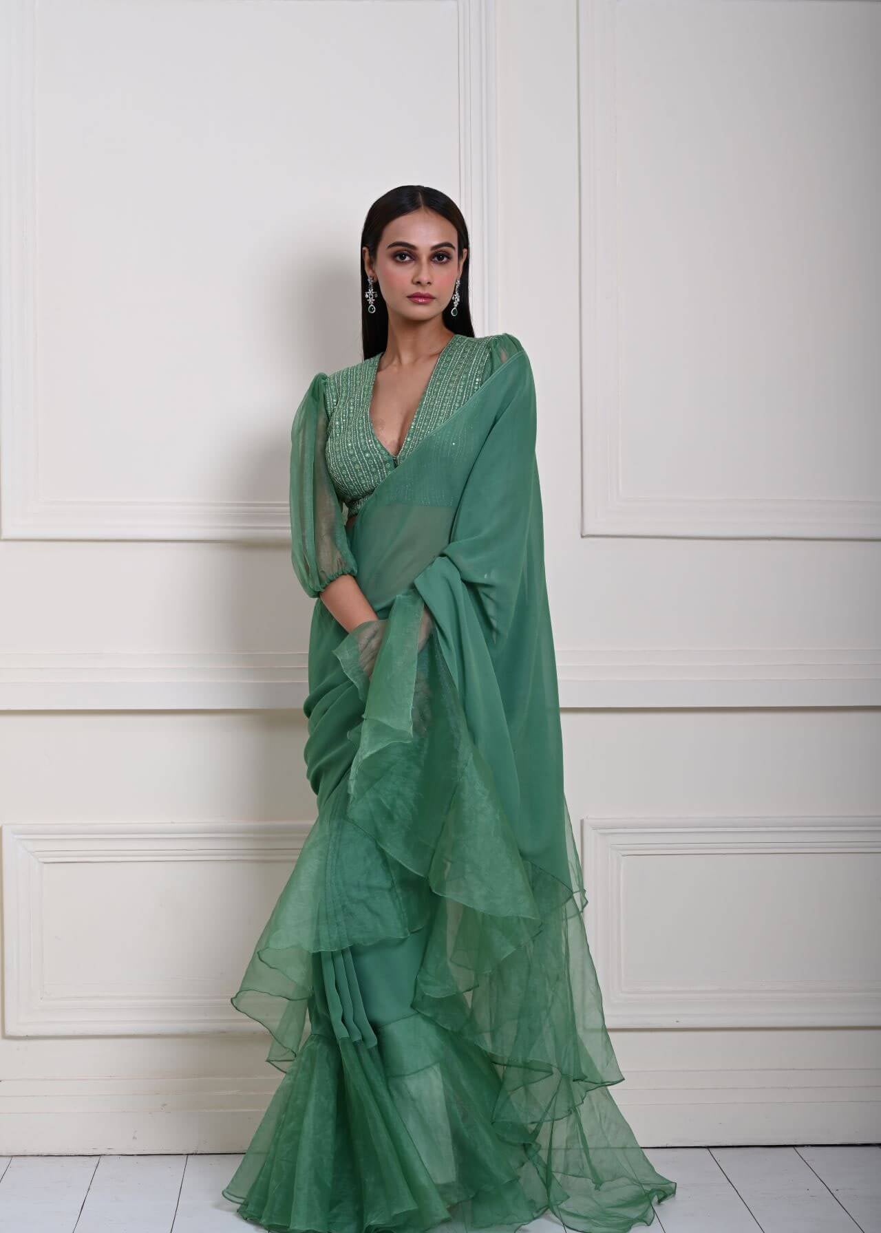 Sea Green Georgette Ruffle Saree