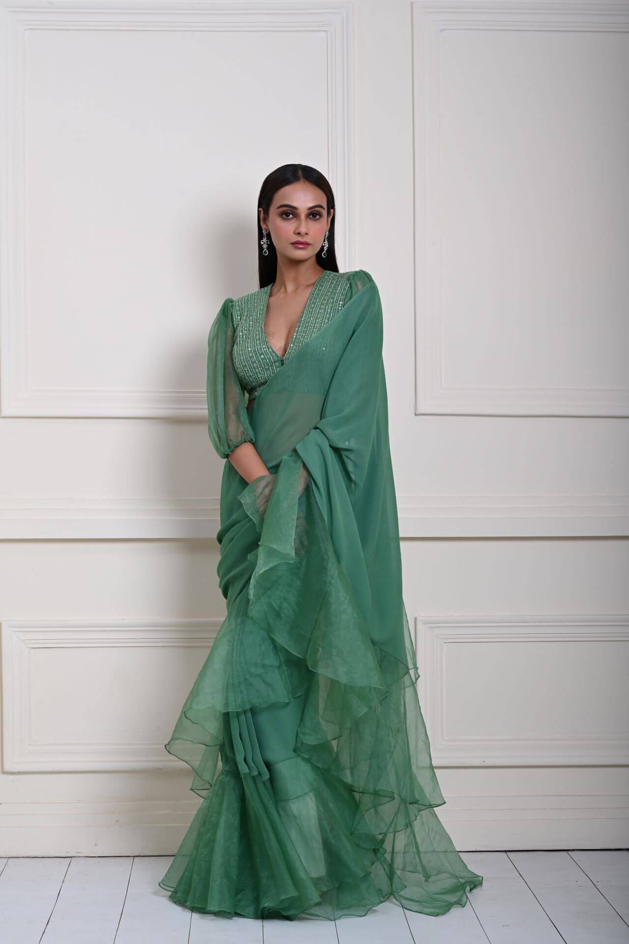 Sea Green Georgette Ruffle Saree