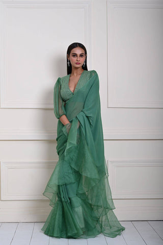 Sea Green Georgette Ruffle Saree with Stylish Sequin Blouse