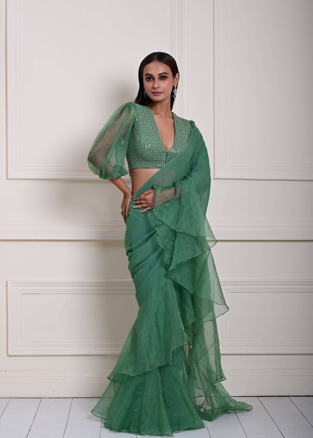 Sea Green Georgette Ruffle Saree