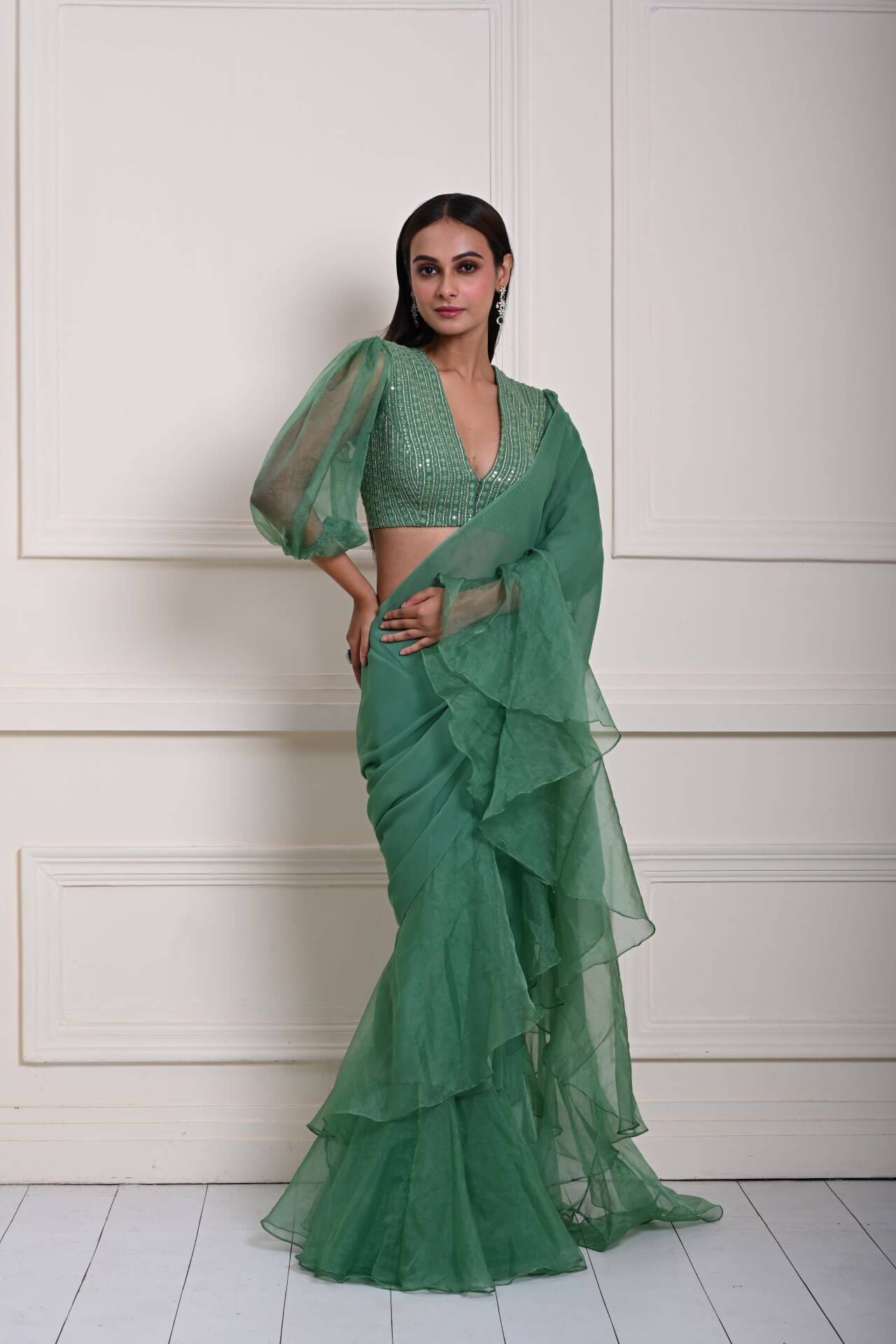 Sea Green Georgette Ruffle Saree