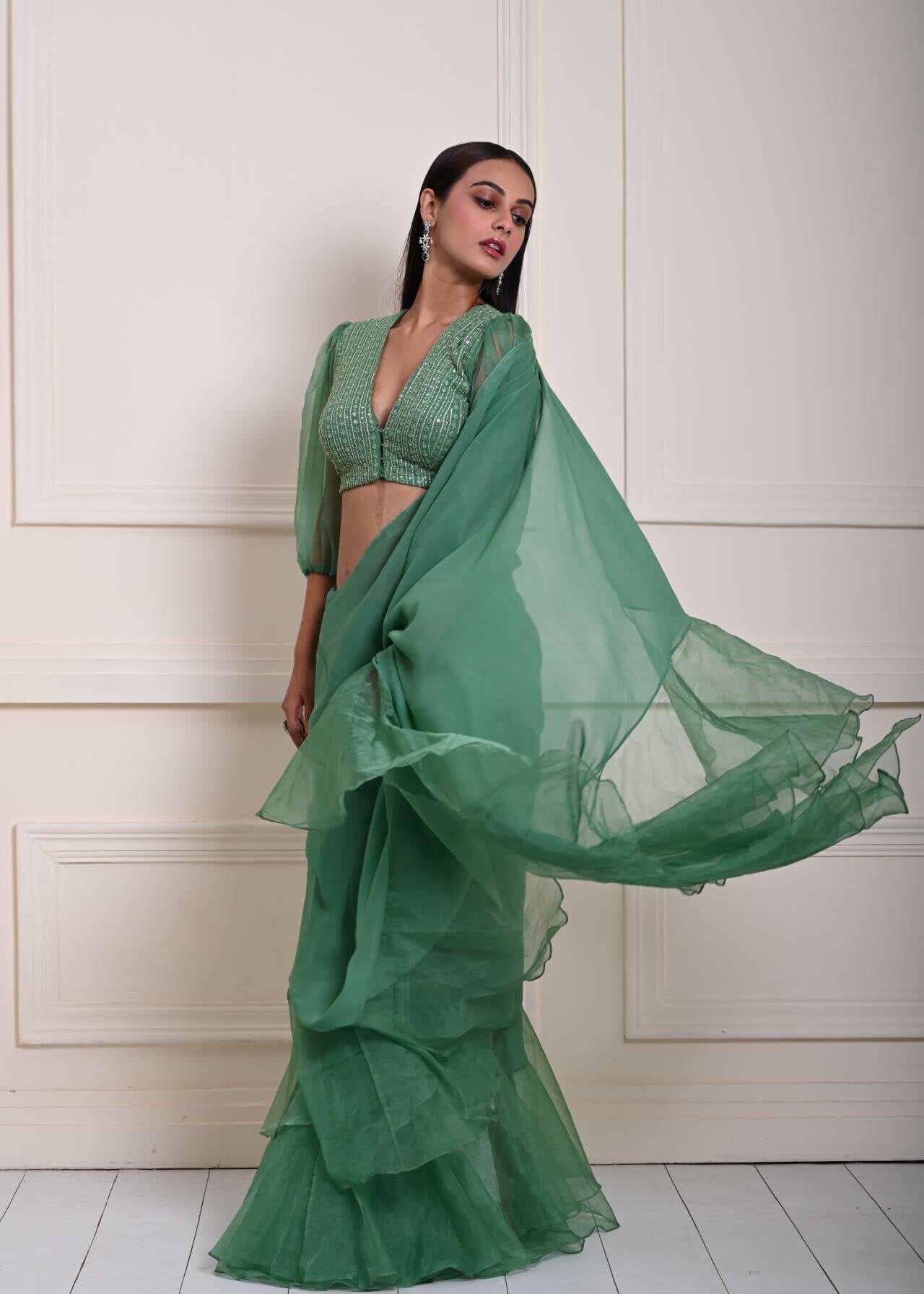 Elegant Ruffle Detailing on Sea Green Saree