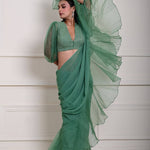 Elegant Ruffle Detailing on Sea Green Saree