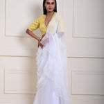 White Pre-Draped Ruffle Saree with Lemon Yellow Brocade Blouse, Ready-to-Wear Saree, Indian Ethnic Wear