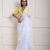 White Pre-Draped Ruffle Saree with Lemon Yellow Brocade Blouse, Ready-to-Wear Saree, Indian Ethnic Wear