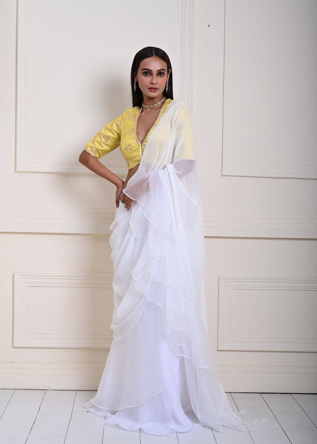 White Pre-Draped Ruffle Saree with Lemon Yellow Brocade Blouse, Ready-to-Wear Saree, Indian Ethnic Wear