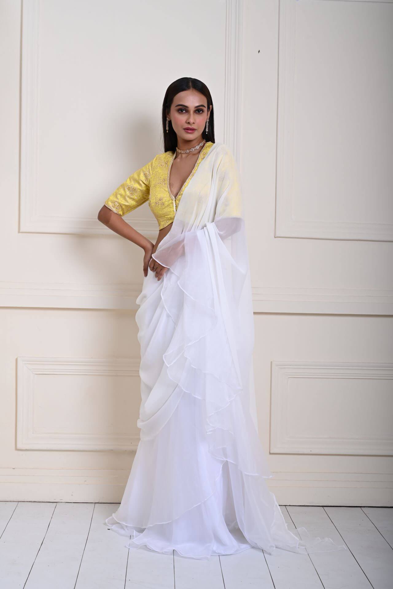 White Pre-Draped Ruffle Saree with Lemon Yellow Brocade Blouse, Ready-to-Wear Saree, Indian Ethnic Wear