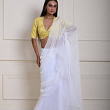 White Pre-Draped Ruffle Saree with Lemon Yellow Brocade Blouse| Ready-to-Wear Saree | Indian Ethnic Wear | Indian Fashion