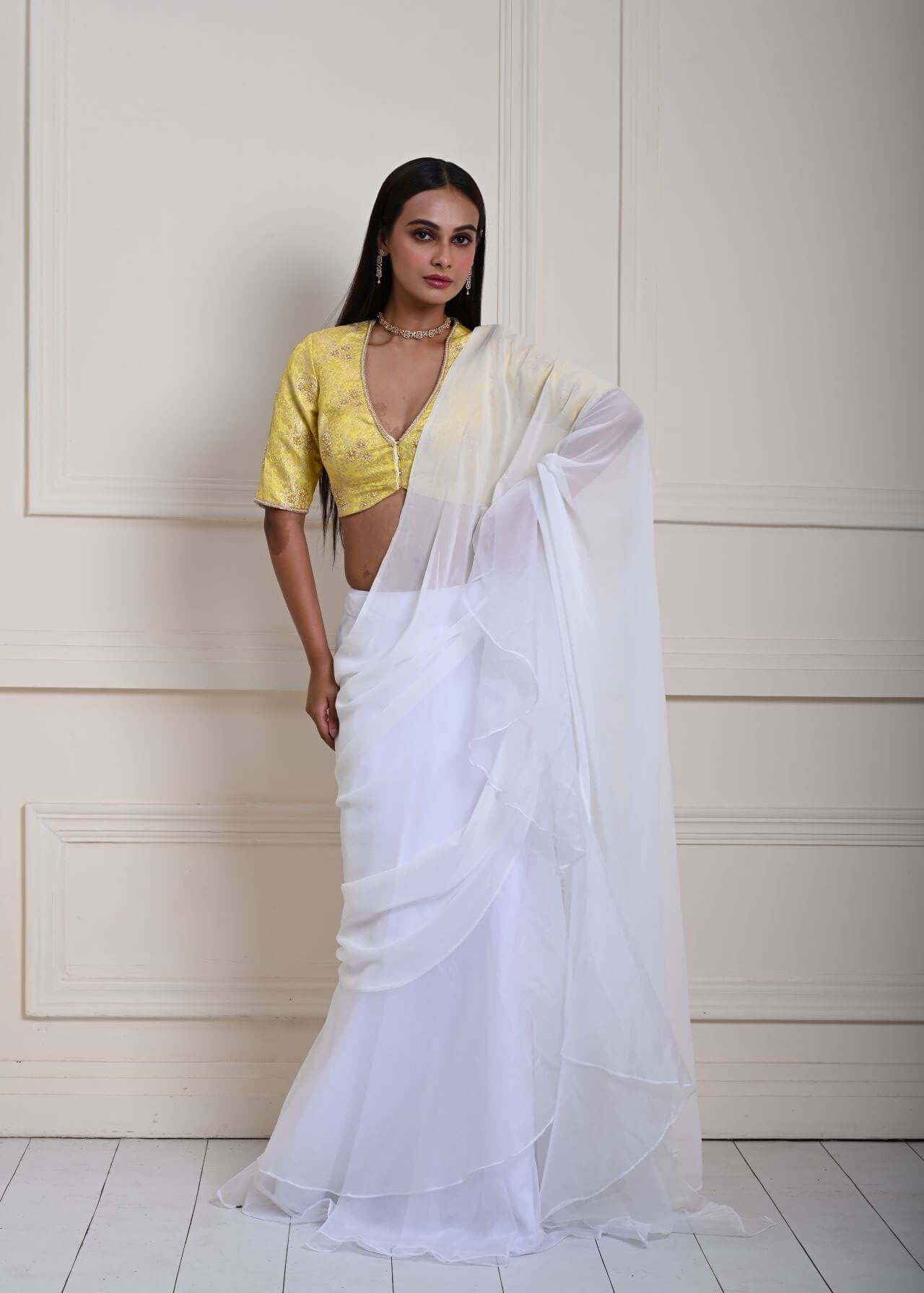 White Pre-Draped Ruffle Saree with Lemon Yellow Brocade Blouse| Ready-to-Wear Saree | Indian Ethnic Wear | Indian Fashion