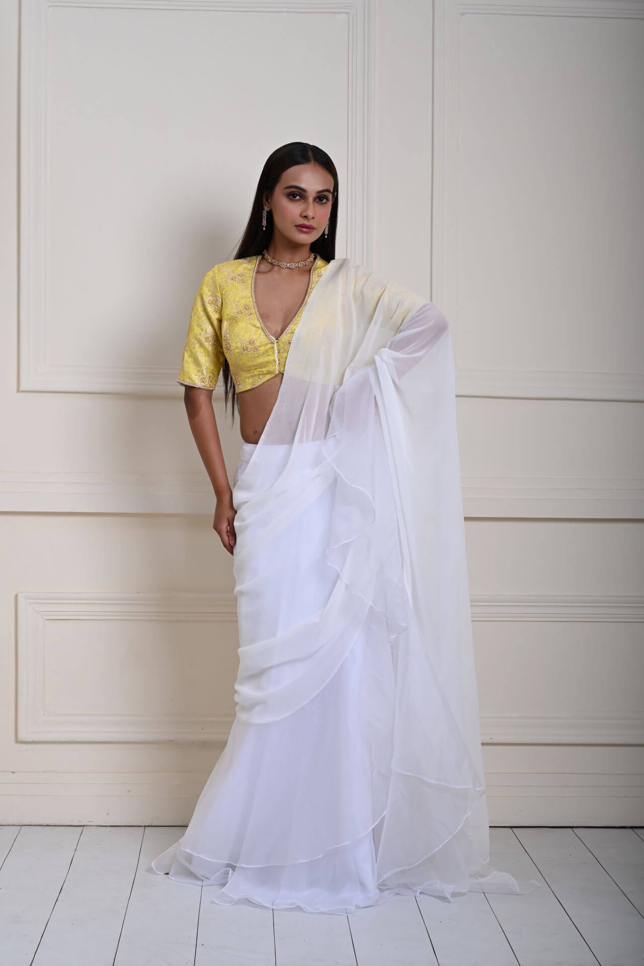 White Pre-Draped Ruffle Saree with Lemon Yellow Brocade Blouse| Ready-to-Wear Saree | Indian Ethnic Wear | Indian Fashion