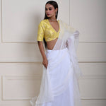 White Pre-Draped Ruffle Saree with Lemon Yellow Brocade Blouse| Ready-to-Wear Saree | Indian Ethnic Wear | Indian Fashion