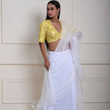 White Pre-Draped Ruffle Saree with Lemon Yellow Brocade Blouse| Ready-to-Wear Saree | Indian Ethnic Wear | Indian Fashion