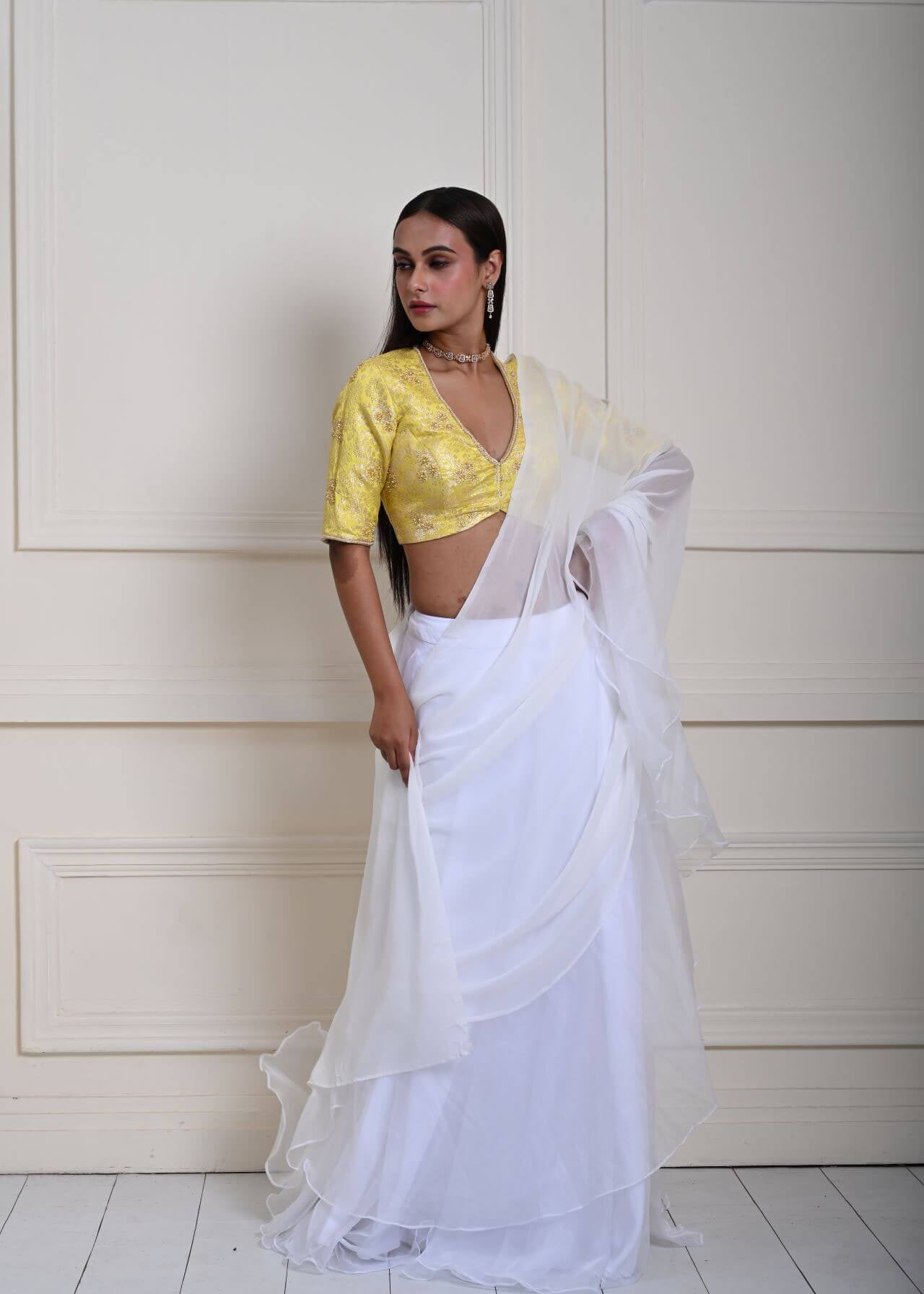 White Pre-Draped Ruffle Saree with Lemon Yellow Brocade Blouse| Ready-to-Wear Saree | Indian Ethnic Wear | Indian Fashion