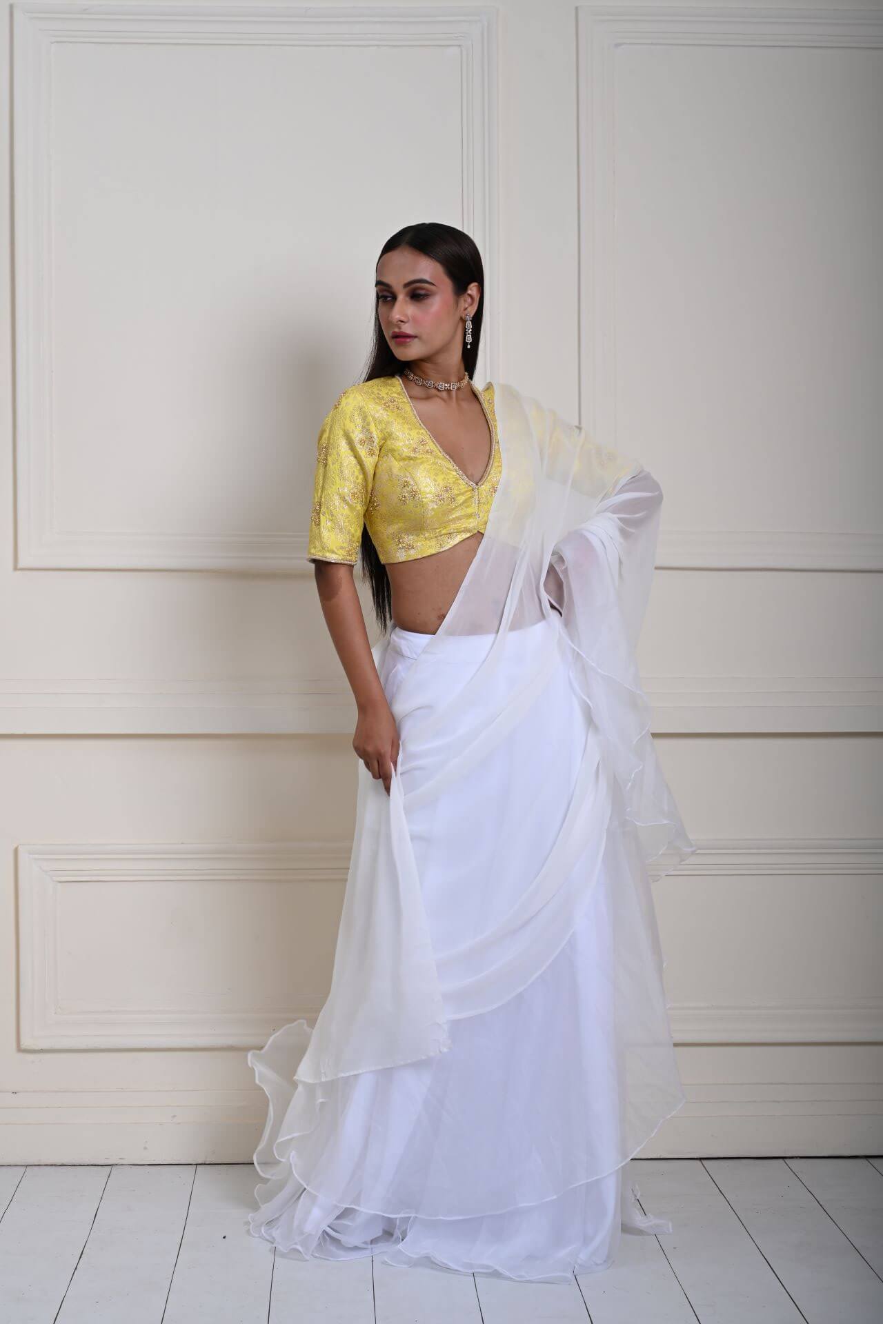 White Pre-Draped Ruffle Saree with Lemon Yellow Brocade Blouse| Ready-to-Wear Saree | Indian Ethnic Wear | Indian Fashion