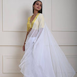 White Pre-Draped Ruffle Saree with Lemon Yellow Brocade Blouse| Ready-to-Wear Saree | Indian Ethnic Wear | Indian Fashion