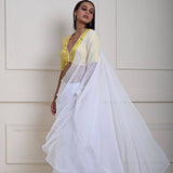 White Pre-Draped Ruffle Saree with Lemon Yellow Brocade Blouse| Ready-to-Wear Saree | Indian Ethnic Wear | Indian Fashion